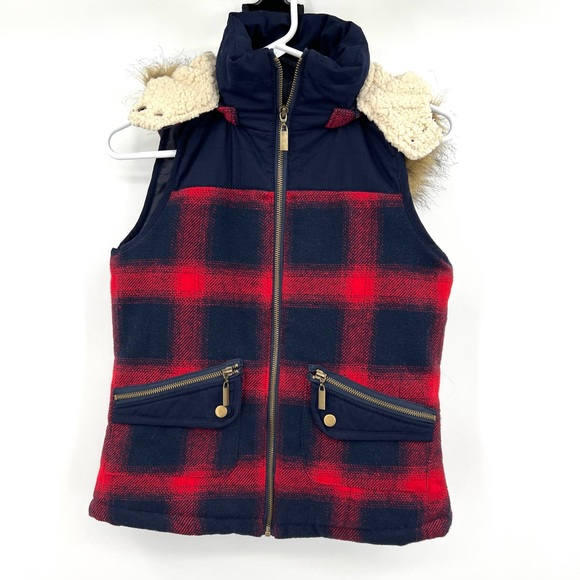 Mossimo Navy Burgundy Plaid Sherpa Faux Fur Fall Vest Size Small Zippered Hood - Picture 6 of 8